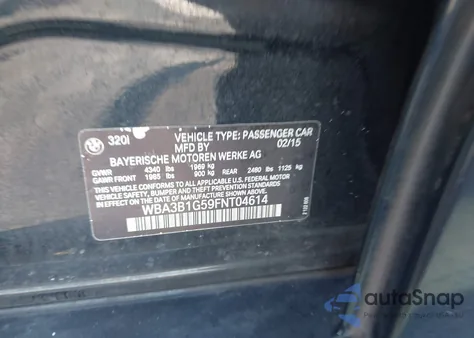 2015 BMW 320I from USA, damaged, VIN WBA3B1G59FNT04614